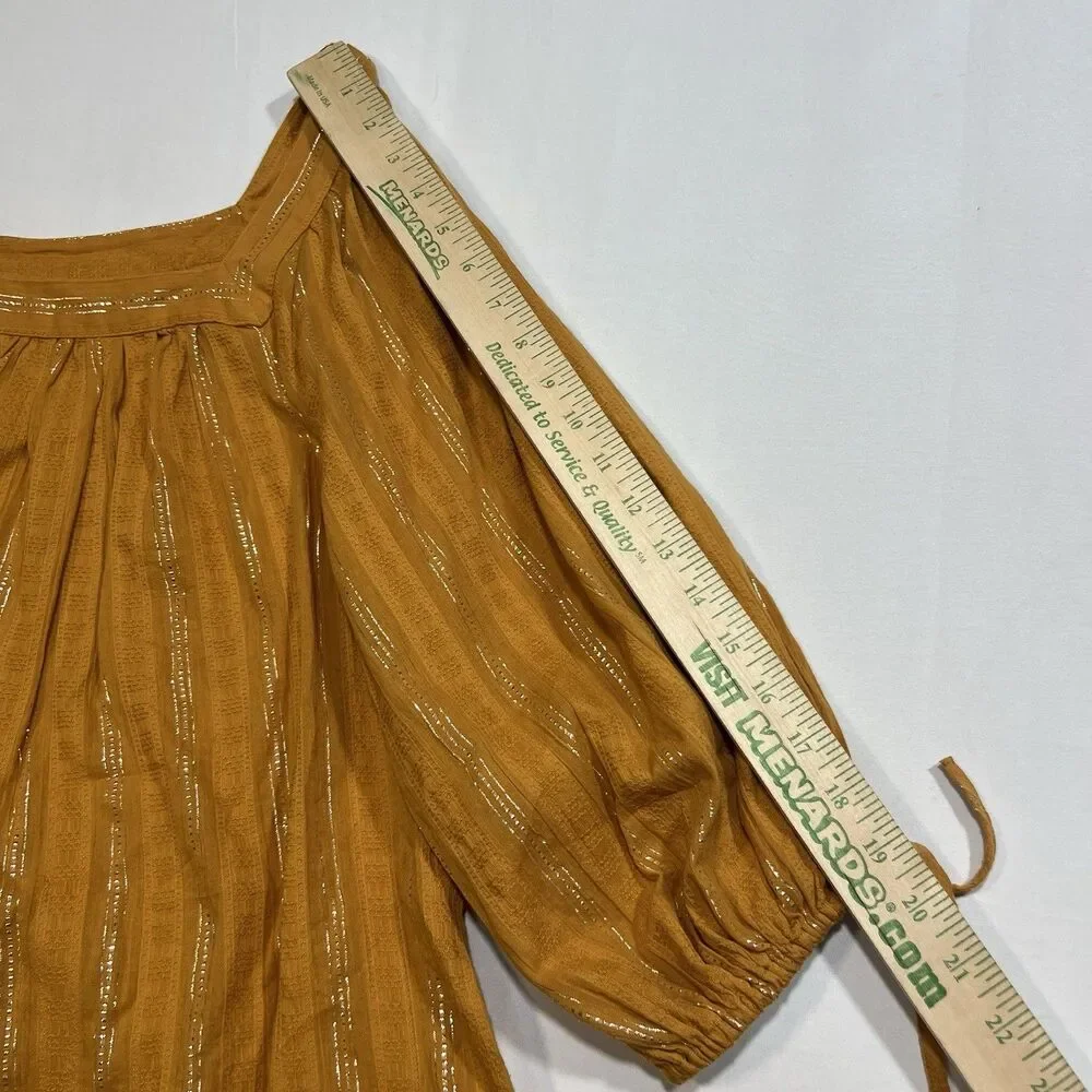 LC Lauren Conrad Metallic Stripe Square Neck Peasant Blouse Top Mustard M Cotton - Picture 7 of 9